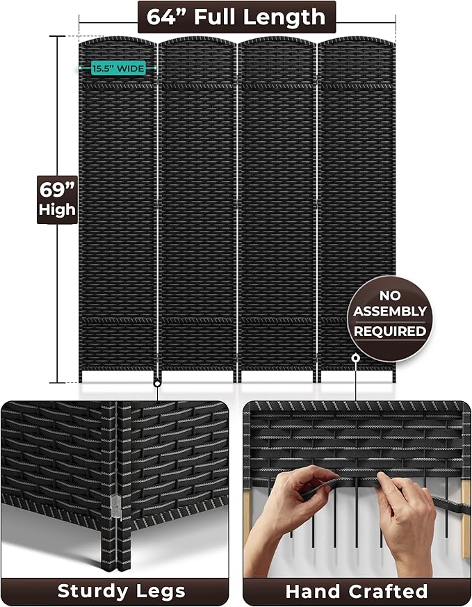 Sorbus 4 Panel Room Divider 6 ft. Tall - Privacy Screen, Extra Wide Double Hinged Panels, Mesh Hand-Woven Design, Partition Room Dividers and Folding Privacy Screens, Wall Divider for Room Separation Sorbus