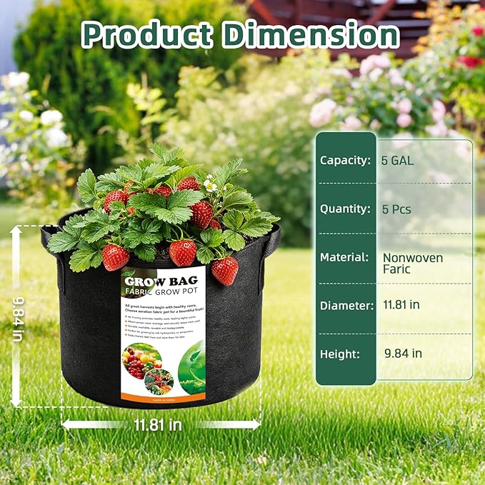 5 Pack 5 Gallon Grow Bags, Thickened Aeration Nonwoven Fabric Plant Pots with Handles, Heavy Duty 300G Garden Planting Bag for Tomato, Potato, Strawberry, Vegetable, Fruits and Flowers Rootora