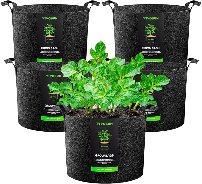 VIVOSUN 5-Pack 25 Gallon Plant Grow Bags, Heavy Duty Thickened Nonwoven Fabric Pots with Handles VIVOSUN