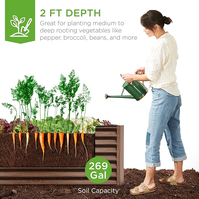 Best Choice Products 6x3x2ft Outdoor Metal Raised Garden Bed, Deep Root Box Planter for Vegetables, Flowers, Herbs, 269 Gallon Capacity, 100% Non Toxic Materials - Dark Brown Wood Grain BestChoiceProducts