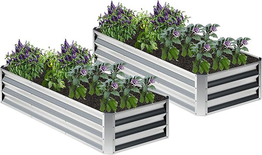 2PCS 6x2x1FT Galvanized Raised Garden Bed,Planter Raised Beds-Metal Garden Box,Large Plant for Outdoor Planting, Vegetables Bed，Flower,herb-Silver Home