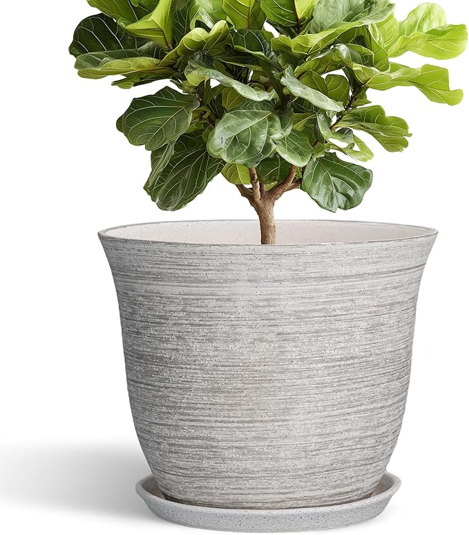 Ceramic Planter - 12 Inch Plant Pot with Drainage Hole and Saucer, Round Large Plant Pots for Indoor Outdoor, Modern Decorative Flower Pots, Garden Room Home Decor, Housewarming Gifts, Grey SUNPOTFOR