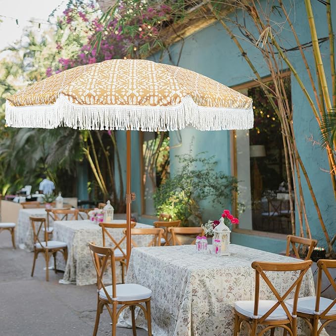 AMMSUN 7ft Patio Umbrella with Fringe Outdoor Tassel Umbrella UPF50+ Premium Steel Pole and Ribs Push Button Tilt, Retro Bohemian AMMSUN