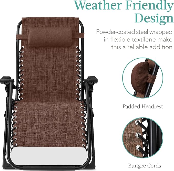Best Choice Products Oversized Zero Gravity Chair, Folding Outdoor Patio Recliner, XL Anti Gravity Lounger w/Removable Cushion, Cup Holder, Side Tray, 350lb Capacity - Woodland Brown BestChoiceProducts