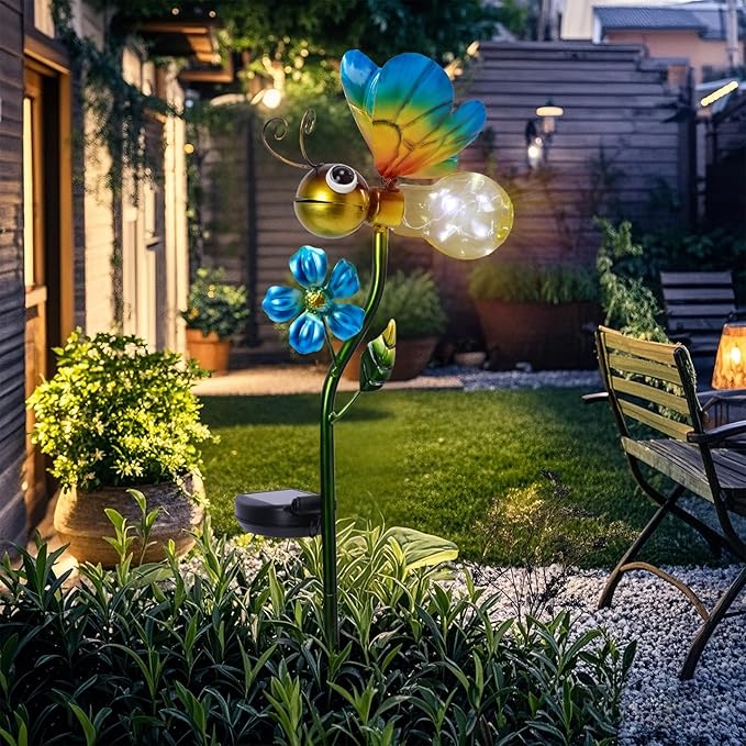Decorative Solar Lights Outdoor Solar Bee Stake Lights Metal Decorative Garden Lights Outdoor Waterproof Stakes for Pathway Yard Lawn Decoration Mothers Day Mom Gifts Afirst