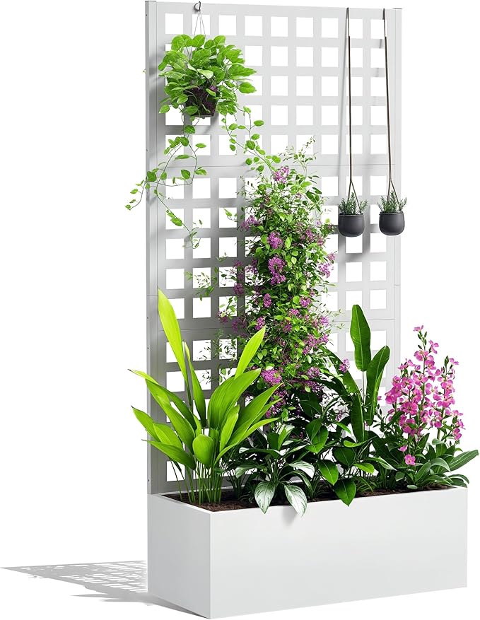 Outsunny Galvanized Raised Garden Bed with Trellis, Metal Planter Box with Drainage Holes, Outdoor Privacy Screen for Climbing Plants, Vegetable, Vines, 35" x 16" x 70", White Outsunny
