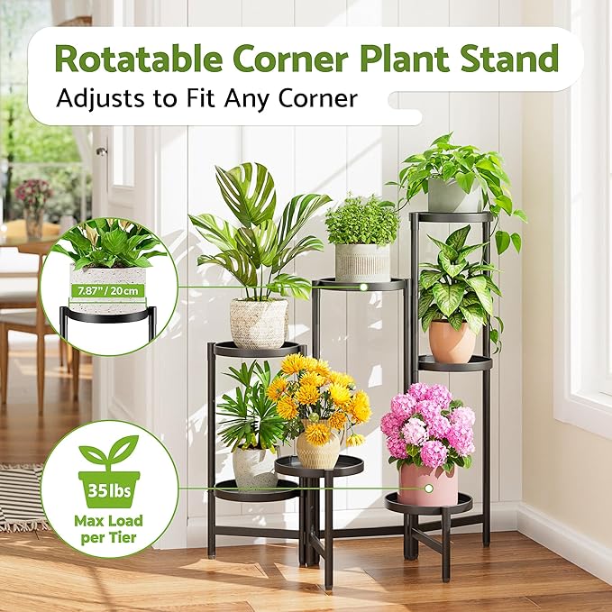 7 Tiered Metal Corner Plant Stand Indoor Outdoor, Tall Large Folding Rack with Rust Proof 7.9 Inch Wide Tray, Heavy Duty Flower Shelf for Multiple Plants for Patio - BlackDisk Rootora