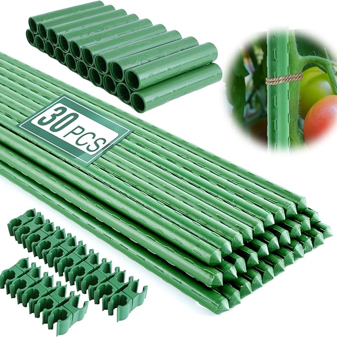 Garden Stakes 16 Inch 30 Pack, Diy 4ft 5ft 6ft 7ft 8ft Tomato Stakes Plastic Coated Metal Plant Sticks Stakes Supports with 20 Connectors 15 Rotatable Clips for Indoor Outdoor Plants Vegetable Fabulas