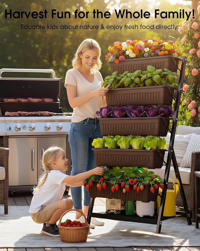 5-Tier Vertical Garden Bed Planter Boxes with Drainage System & Storage Space, Freestanding Vertical Garden Planter with 5 S-Hooks for Plants Vegetables Flowers Herbs in Garden Patio Yard Rootora