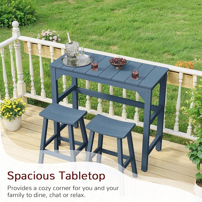 Stoog All-Weather Patio Bar Set, 3-Pieces Outdoor Bar Table and Stools Set, Counter Height Bar Stools Set of 2, Low Maintenance, for Backyard, Garden, Balcony, and Deck, Blue Stoog