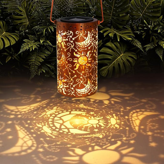 Solar Lanterns Outdoor Hanging Lantern Lights,Sun Moon Metal Decor Lanterns-Waterproof LED Decorative Light for Garden Patio Yard Lawn Backyard Front Porch as Gifts for Mom Grandma Women DIBIEECN