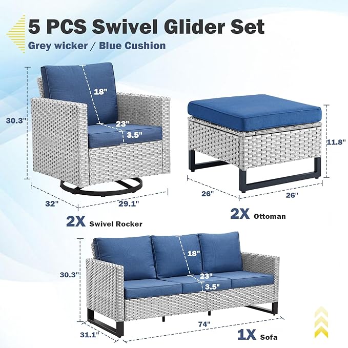 Belord Wicker Patio Furniture 5 Piece Outdoor Sofa Set, Oversize Outdoor Swivel Rocker Chairs with Rattan Ottomans, Conversation Sets Patio Furniture Come with Removable Cushion Blue, Light Grey Belord