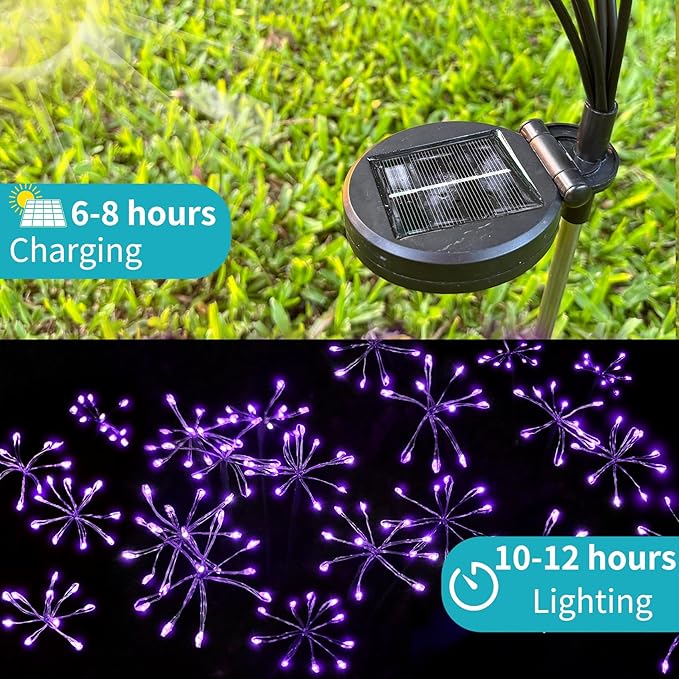 JJGoo Solar Garden Lights, New Upgraded 2 Pack Solar Swaying Starburst Light, Waterproof Fireworks Outdoor Lights, Yard Patio Pathway Decoration, Purple JJGoo