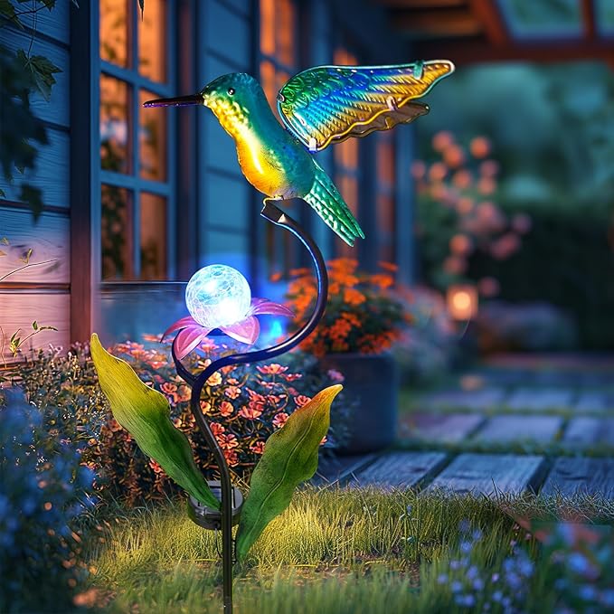 HONGLAND 46 Inch Solar Hummingbird Lights, Solar Garden Decor with Cracked Glass Ball, Hummingbird Decorative Garden Stakes Outdoor Waterproof for Lawn Patio Yard Porch, Gifts for Mom HONGLAND