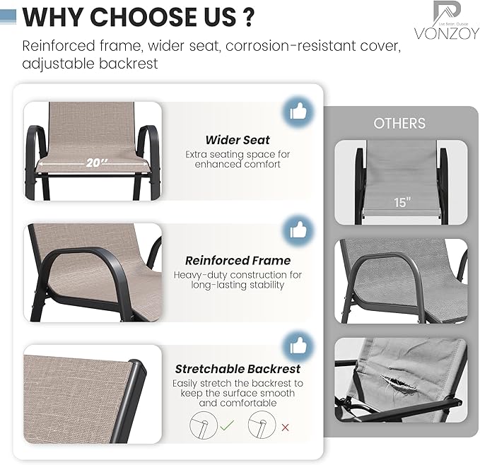 Patio Dining Chairs Set of 2, Outdoor Stackable Chairs, Breathable Seat and Alloy Steel Frame Fit for Backyard,Garden,Porch, Lawn，Poolside (Light Brown) VonzoyHome
