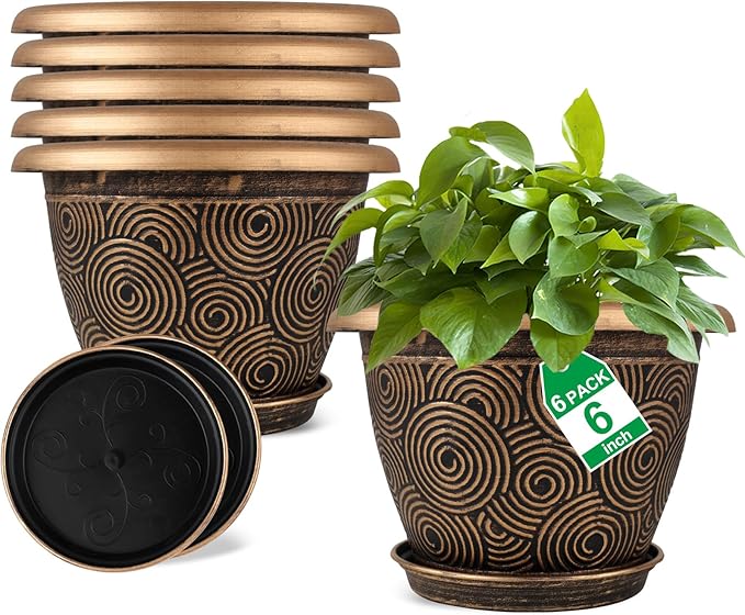 6 Inch Flower Pots Planters for Indoor Outdoor Plants, 6 Pack Plastic Small Plant Pots with Drainage Hole & Tray, Modern Decorative Garden Pot with Saucer, Plant Container for House Fodetyff