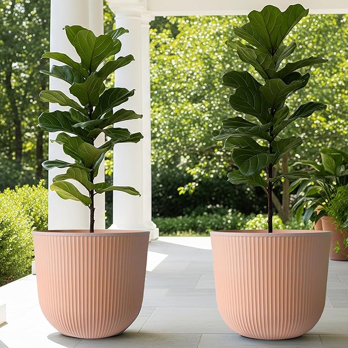 Worth Garden Round Large Planter Pot Set of 2, 17.5" Dia x 15.5" H - Durable Plastic Terracotta Plant Tree Pots with Vertical Stripe Textured Finish, Drainage Hole for Indoor Outdoor Front Porch Patio WORTH