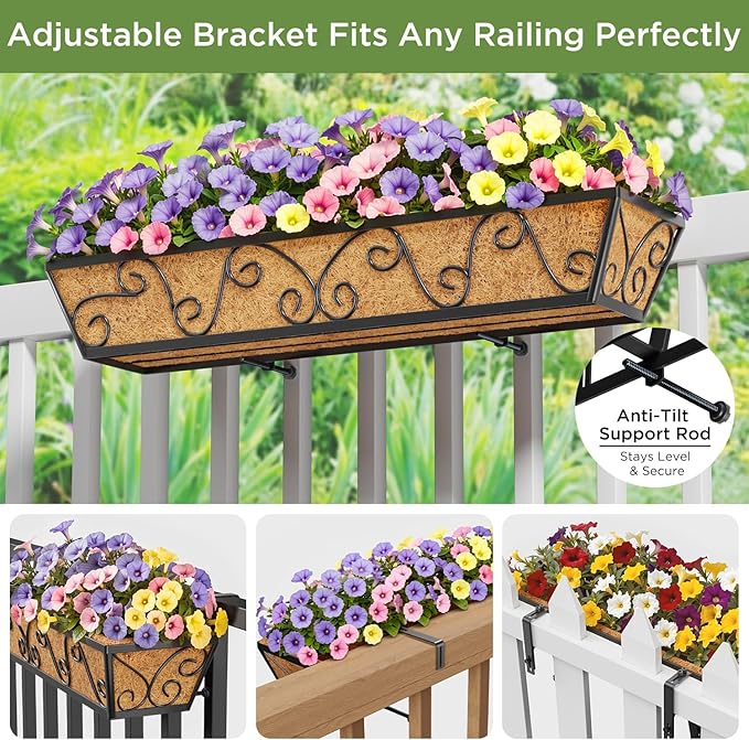 Y&M 30 Inch Butterfly Window Deck with Coco Liner, Fence Metal Hanging Flower Planter Window Basket Deck Railing Planter Boxes for Outdoor Garden Lawn 4pcs YM