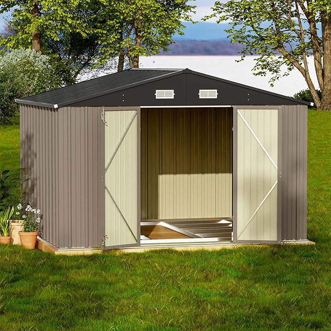 Patiowell 10 x 8 FT Outdoor Storage Shed with Floor Frame, Large Garden Tool Metal Shed with Sloping Roof and Double Lockable Door for Backyard Garden Patio Lawn,Brown Patiowell