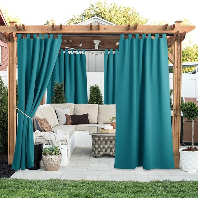 NICETOWN 2 Panels Peacock Teal Patio Curtainss Outdoor Waterproof with Self-Adhesive Tab Top, Thermal Insulated Heat & Cold Blocking Outdoor Curtainss for Easy Hanging & Sliding, W52 x L84 NICETOWN