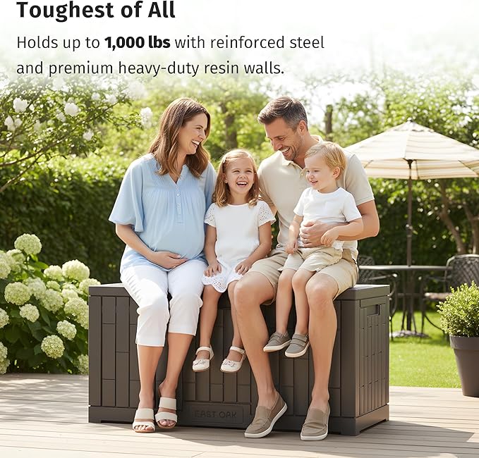 EAST OAK 120 Gallon Outdoor Storage Box | Large Resin Deck Box with Reinforced Stainless Steel Support | Waterproof & UV-Resistant Patio Storage Box for Cushions, Garden Tools & Pool Accessories, Grey EASTOAK