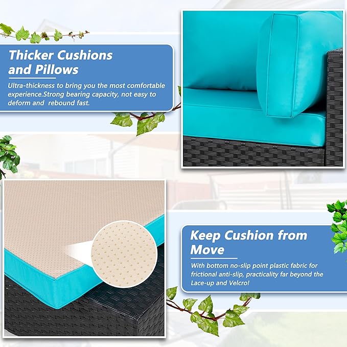 Shintenchi 7 Pieces Outdoor Patio Sectional Sofa Couch,PE Wicker Furniture Conversation Sets with Washable Cushions & Glass Coffee Table for Garden, Poolside, Backyard (Blue) Shintenchi