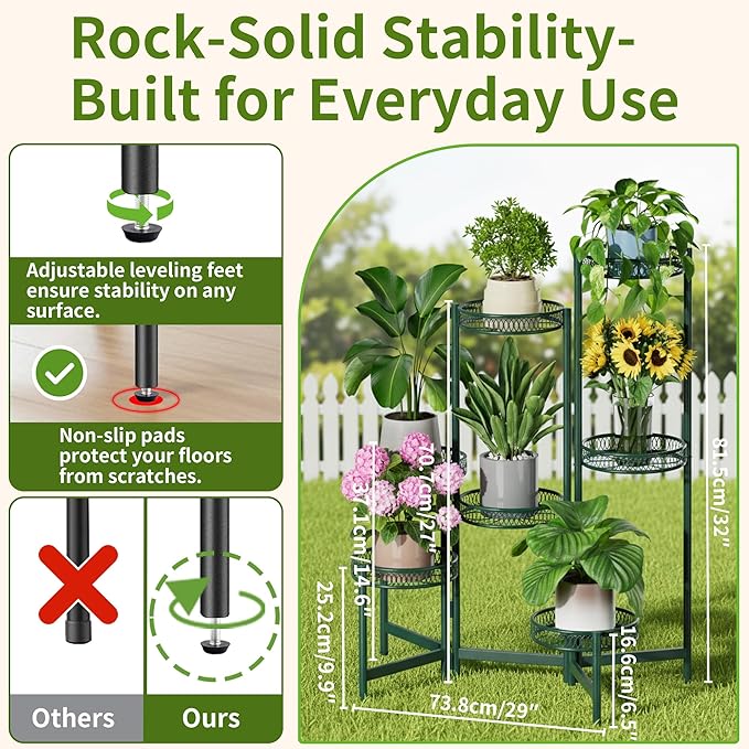 7 Tier Metal Corner Plant Stand Indoor Outdoor, Folding Tall Plant Rack, Heavy Duty Wrought Iron Flower Pot Stand, Planter Display Rack for Living Room Balcony Garden Patio - GreenFlower Rootora