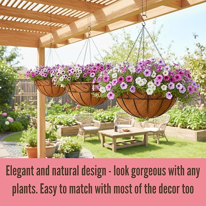LaLaGreen Hanging Planter for Outdoor Plants (18 Inch, 2 Pack) Black Hanging Baskets with Coco Liner, Also Available in 8/12/14/16/18/20 Inch and Different Shapes Balcony Porch Farmhouse Country Decor L%C3%A1L%C3%A1Green