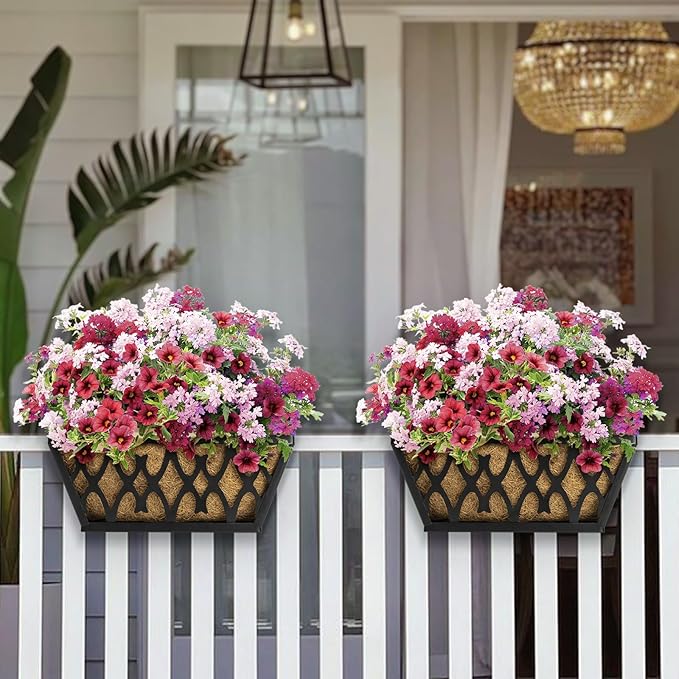 2 Pack 14 Inch Window Boxes Planters Railing Planter Box with Coco Liners Deck Railing Planter Boxes Balcony Hanging Flower Box for Outdoor Plants Garden Decor KarlliuHOMEGARDEN