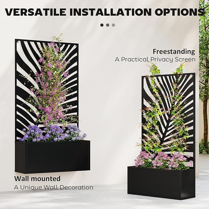 Outsunny Metal Raised Garden Bed with Trellis for Climbing Plants, Freestanding or Wall Mounted Flower Bed with Privacy Panel, Large Leaf Cut-Out Outdoor Planter Box for Garden, Patio, Balcony Outsunny