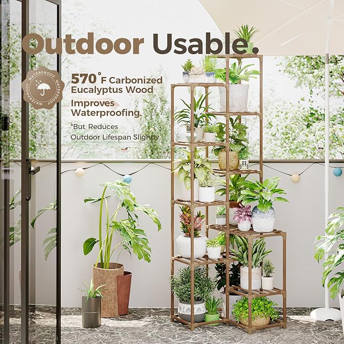 Bamworld 72" Tall Plant Shelf Indoor Outdoor Corner Plant Stand Large Plant Table Wood Plant Holder for 10 Pots Multiple Plants Patio Balcony Garden Office Home Decor Bamworld