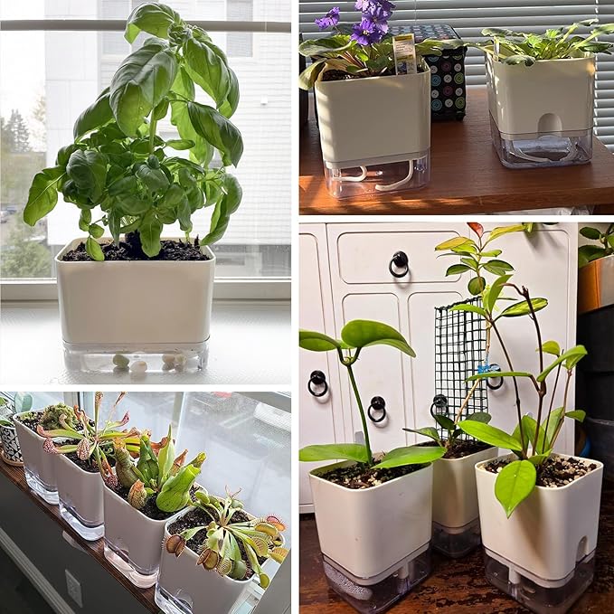Planterhoma Self Watering Plant Pots for Indoor Plants 7/10 inch, 4 Packs Square Self-Watering Planters with Drainage Hole, White African Violet Pots for Devil's Ivy, Spider Plant, Orchid Planterhoma