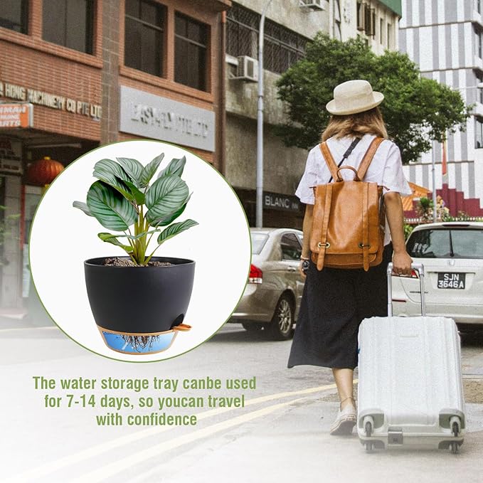 8 inch Self Watering Pots, 2 Pack Plastic Planters with Mesh Drainage Holes for Garden Plants and Flower, Plants Pots with Deep Reservoir for Indoor Outdoor Plants, Black with Brown WSMKSZ