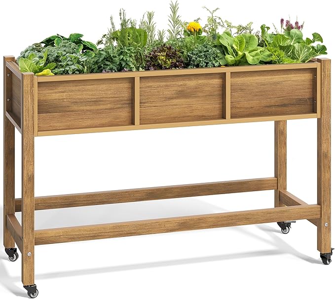YITAHOME Raised Garden Bed HDPE, 47x18x31In Poly-Wood Weather-Resistant Raised Flower Bed, Elevated Planter Box with Lockable Wheels for Vegetables, Brown YITAHOME
