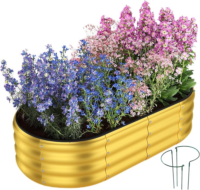Galvanized Metal Planter Round Raised Garden Bed Kit for Gardening Outdoor Garden Box Raised Flower Bed 1PC Gold 4X2X1FT ZFHgarden
