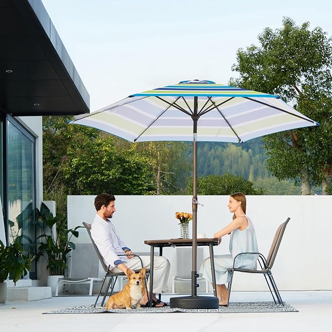 JEAREY 7.5FT Patio Umbrella Market Table Umbrella with 6 Sturdy Ribs, Push Button Tilt/Crank Outdoor Umbrella for Garden, Deck, Backyard, Pool and Beach,Bold Blue-Green Stripe JEAREYOutdoorsCollection