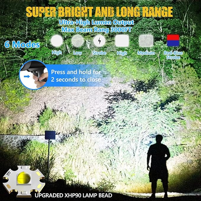 Spotlight 100000 Lumens, 6 Modes Led Rechargeable Spotlight Flashlight As Seen on TV with Tripod, Color Filters, Super Bright Solar Spot Lights Outdoor Handheld for Hunting, Boating, Camping JSKNB