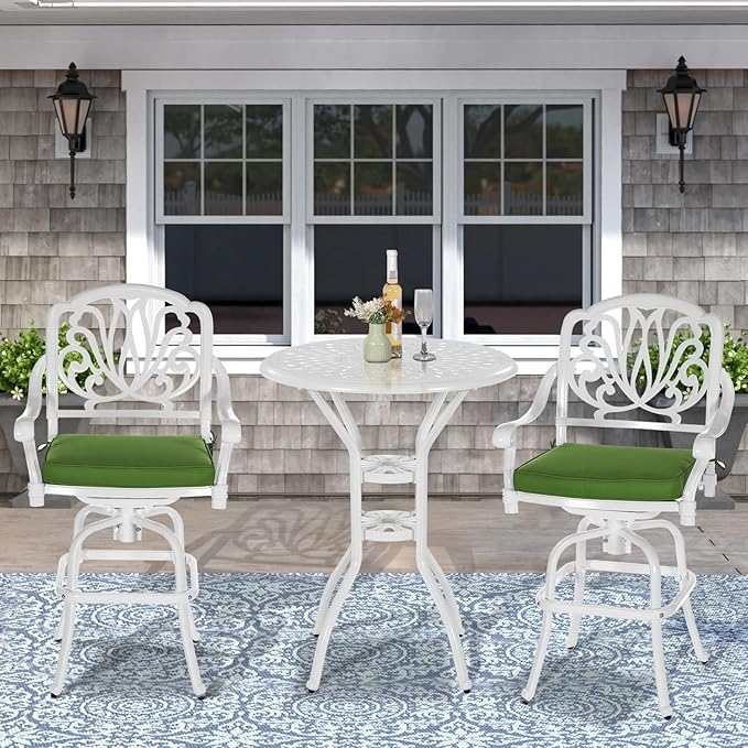 VIVIJASON 3-Piece Patio Swivel Bar Stools Set, All Weather Cast Aluminum Outdoor Bar Height Bistro Set with 2 Cushioned Bar Chairs & 31" High Bar Table w/Umbrella Hole for Backyard, Lawn, White VIVIJASON