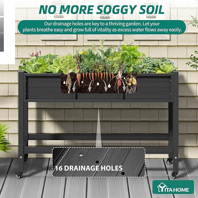 YITAHOME Raised Garden Bed HDPE, 47x18x31 in Raised Planter Box with Legs Poly-Wood Weather-Resistant Elevated Planter Box with Lockable Wheels for Vegetables, Herb Garden Bed, Black YITAHOME