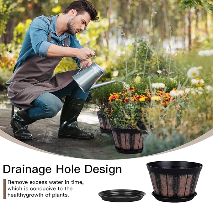 Quarut 8 inch Brown Plastic Whiskey Barrel Plant Pots Set of 4 with Drainage Holes and Saucer for Indoor and Outdoor Garden Home Plants Quarut