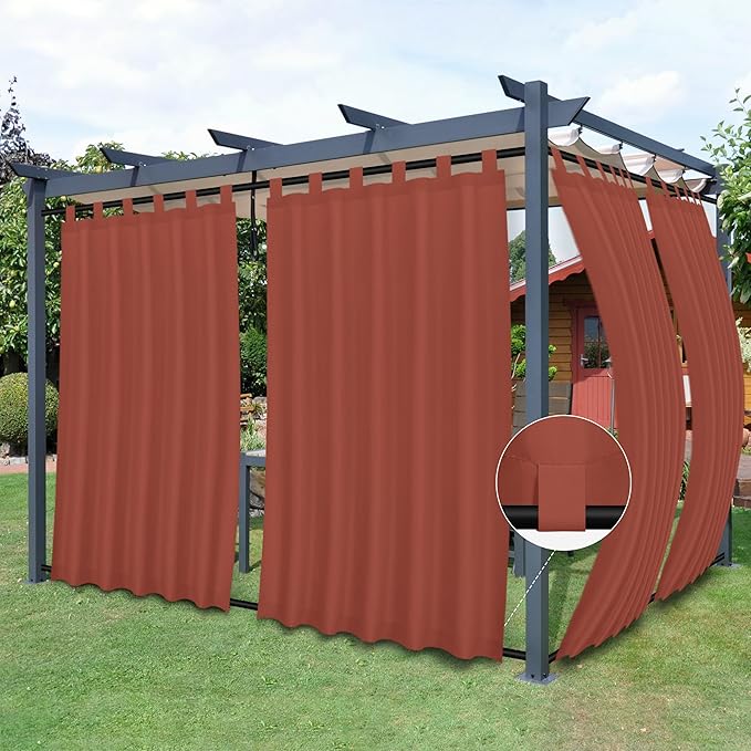 Easy-Going Outdoor Patio Curtains Detachable Tab Top Windproof Weatherproof Curtain for Cabana, Porch, Pergola and Gazebo, Tab Bottom Drape, 2 Panels, 54W x 96L inch, Terra Red Easy-Going