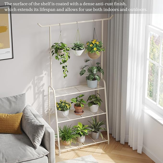 Plant Stand Indoor Outdoor,Metal Plant Stands for Multiple Plants,3 Tier Tall Hanging Plant Shelf,Large Heavy Duty Flower Holder Ladder Plant for Living Room, Patio, Balcony (White) Kitsanery