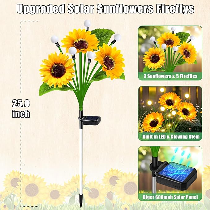 Solar Sunflower Lights Outdoor 6 Pack Sunflower Firefly - Gifts for Mom Women Grandma, Waterproof Flower Lights for Garden Pathway, Birthday Mothers Day Decor yeuago