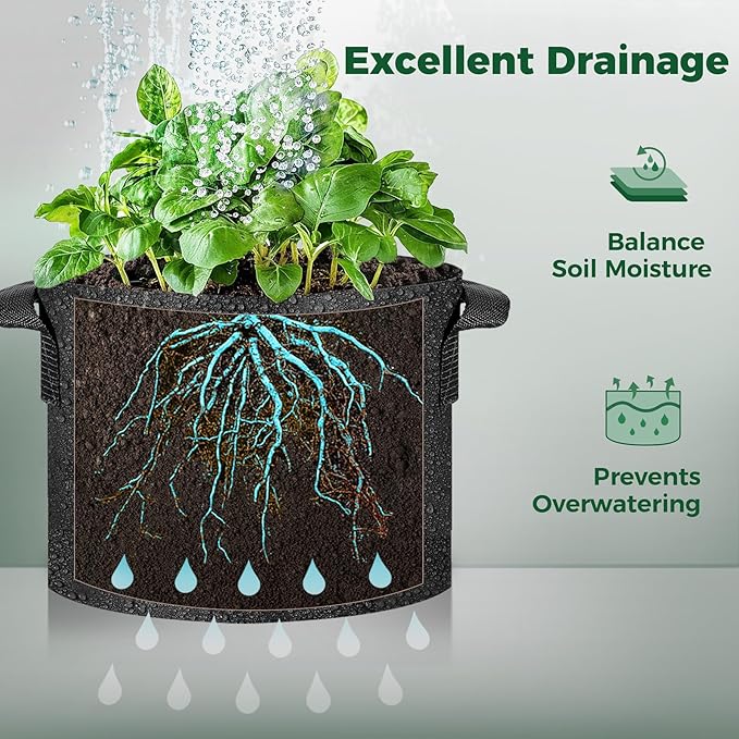 T4U 3 Gallon Grow Bags, Upgrade Grow Bags with Handles, Heavy Duty Thickened Nonwoven Fabric Pots, 3 Gallon Pots for Plants, Rosemary, Chamomile, Onion (10 Pack) T4U