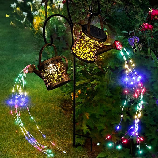 Merear Solar Watering Can Lights Outdoor with 8 Multi-Color Changing Modes, IP65 Waterproof Landscape Light Garden Decor, One Pole Two Lights Outside Decorations for Lawn, Backyard, Patio, Chrismas MerearDecoration