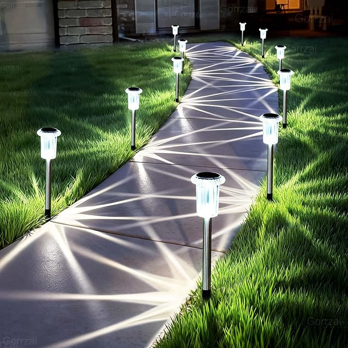 Solar Pathway Lights 10 Pack Christmas Solar Lights Outdoor Waterproof 6000K Cold White Yard Lighting, LED Stainless Steel Stake for Garden Outside Landscape Lawn Driveway Walkway Path Gorrzai