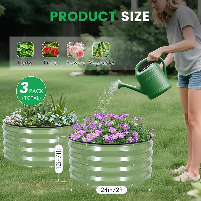 INNO STAG 3 Pcs Round Galvanized Raised Garden Bed — 2×2×1ft Planter Box Outdoor Raised Beds Kit for Gardening Vegetables, Fruits, Herbs, and Flowers, Olive Green INNOSTAGE