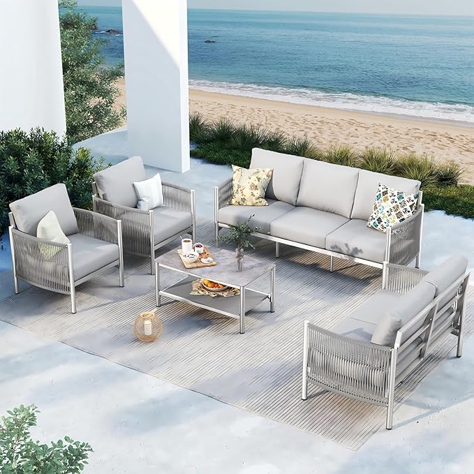 Aluminum Outdoor Patio Furniture Set with Dual-Layer Coffee Table, 5 Piece Modern Patio Conversation Sets with PE Rope, Outdoor Sectional Sofa with Thick Cushions for Balcony, Deck, Silver Oasbira
