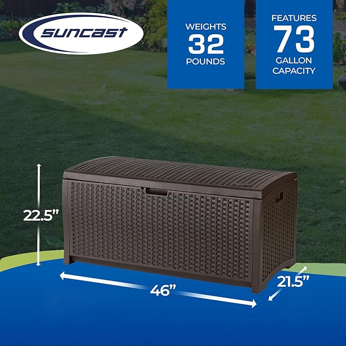 Suncast Outdoor Storage Box - 73 Gallon Mocha Brown Deck Box for Patio, Waterproof Outdoor Storage Bench, Resin Wicker Style, Heavy-Duty, Lockable Lid for Cushions, Shoes, Pool & Garden Gear Suncast