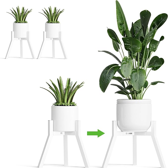 Adjustable Plant Stands Set of 2, Metal Small Plant Holder, Heavy Duty Stable Flower Holder Stand Rack for Various Pot Sizes Indoor Outdoor Corner Living Room Balcony Office White PS-007WH-2 IRCPEN